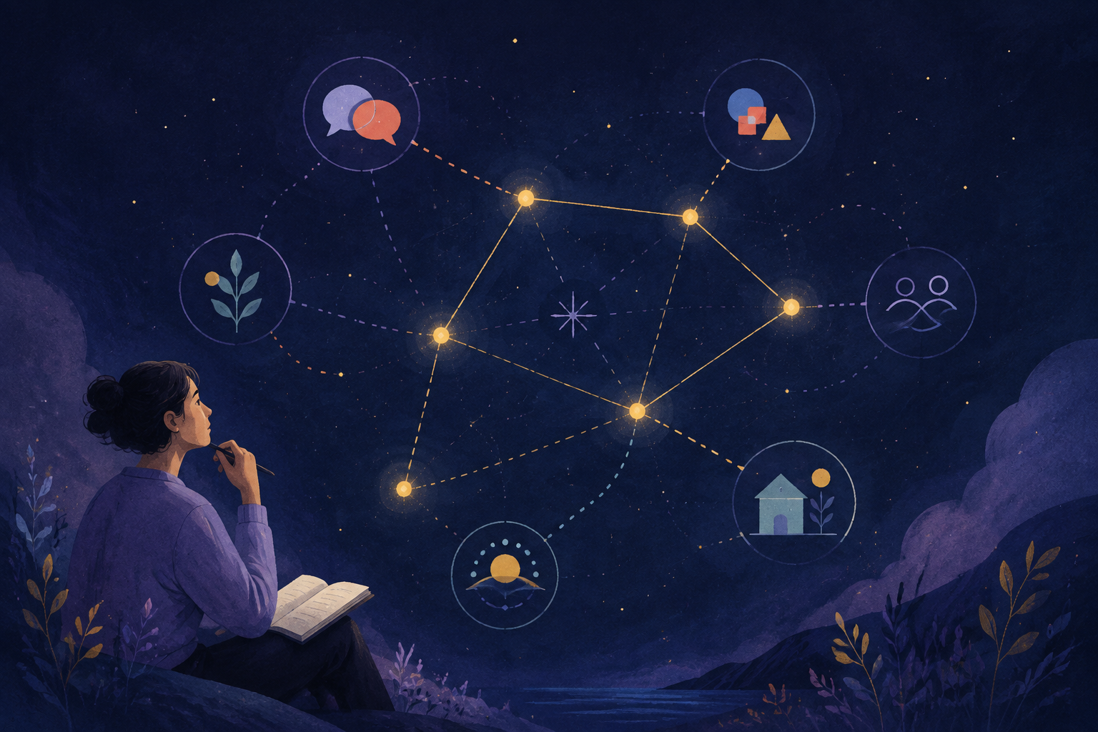 A thoughtful person uses a constellation map of communication, values, boundaries, and daily life as a conversation starter