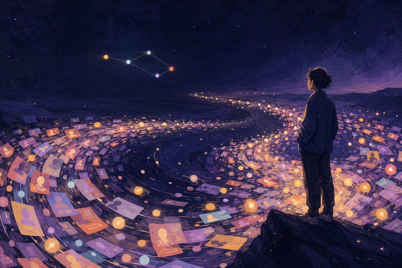 A person standing beside a vast current of endless profile cards, looking toward a small constellation