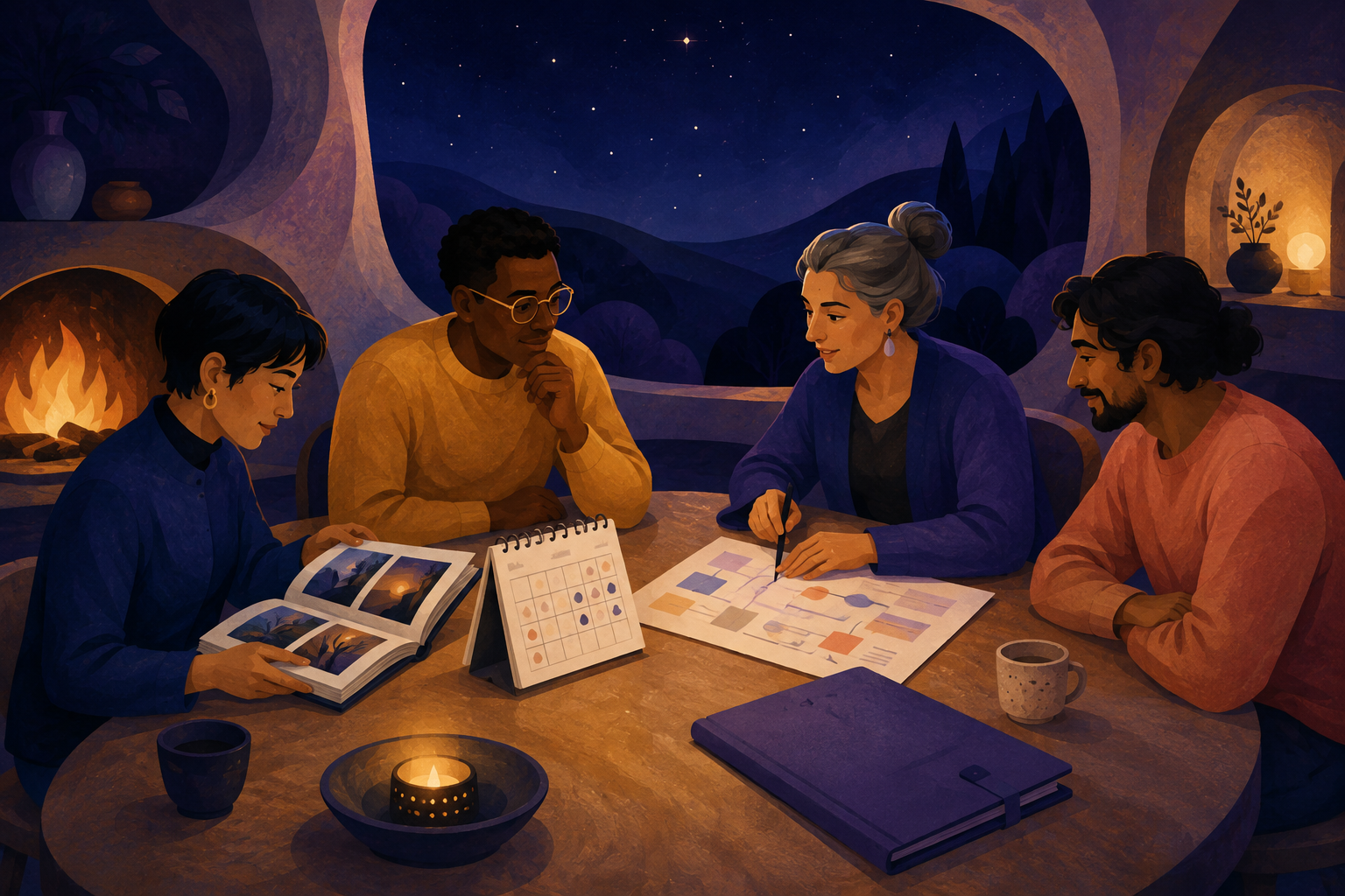 Four people coordinating a discussion, a calendar, photos, and shared documents around a common table