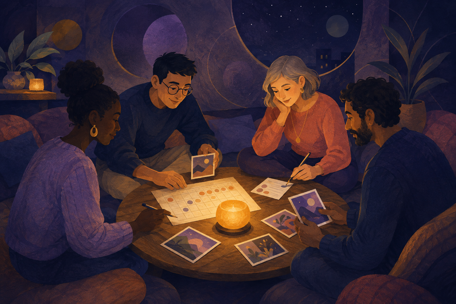 Four people making plans around a shared calendar, notes, and photographs