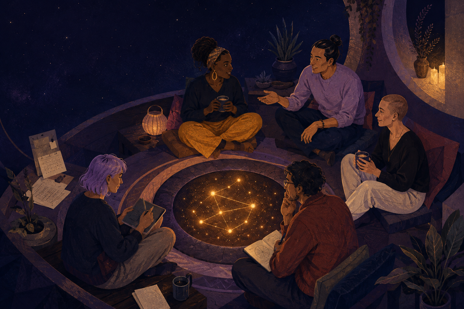 A small group gathered around a glowing ember constellation in a shared private space