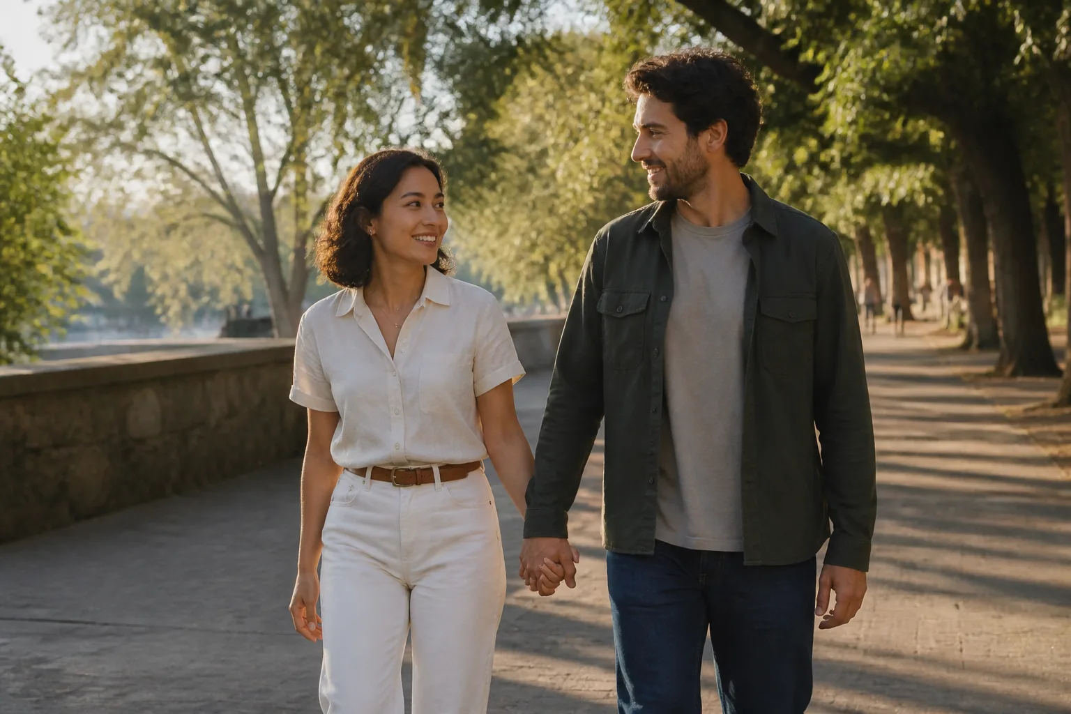 A smiling couple walking through a park while holding hands