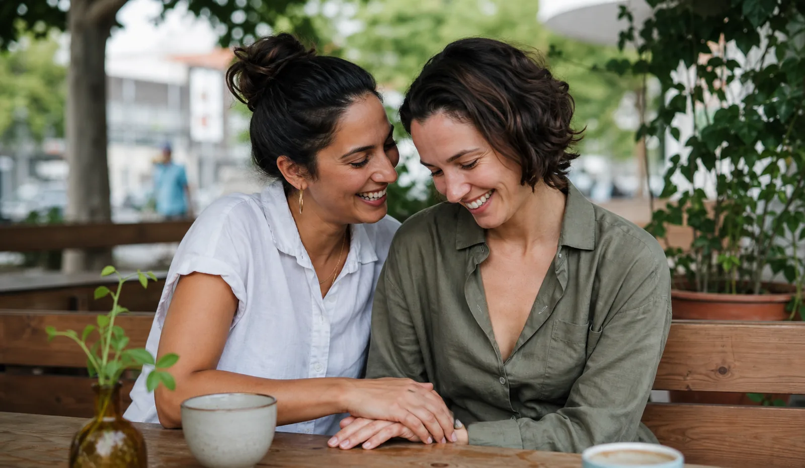 Two women smiling together at an outdoor café